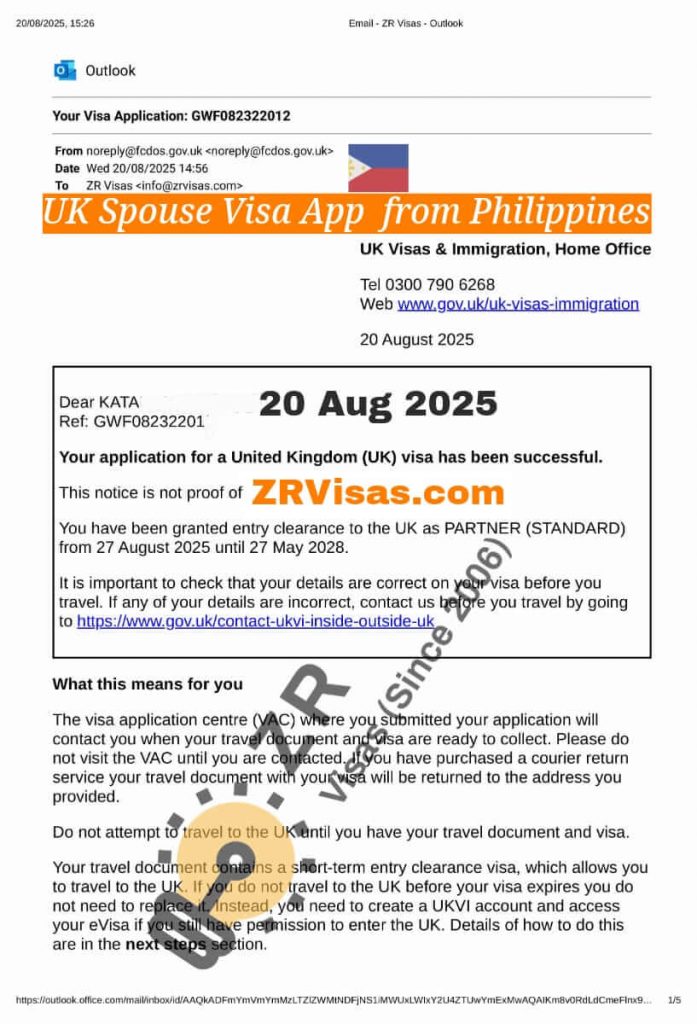UK Spouse Visa Application from Philippines for wife 20 Aug 2025 ZR Visas UK