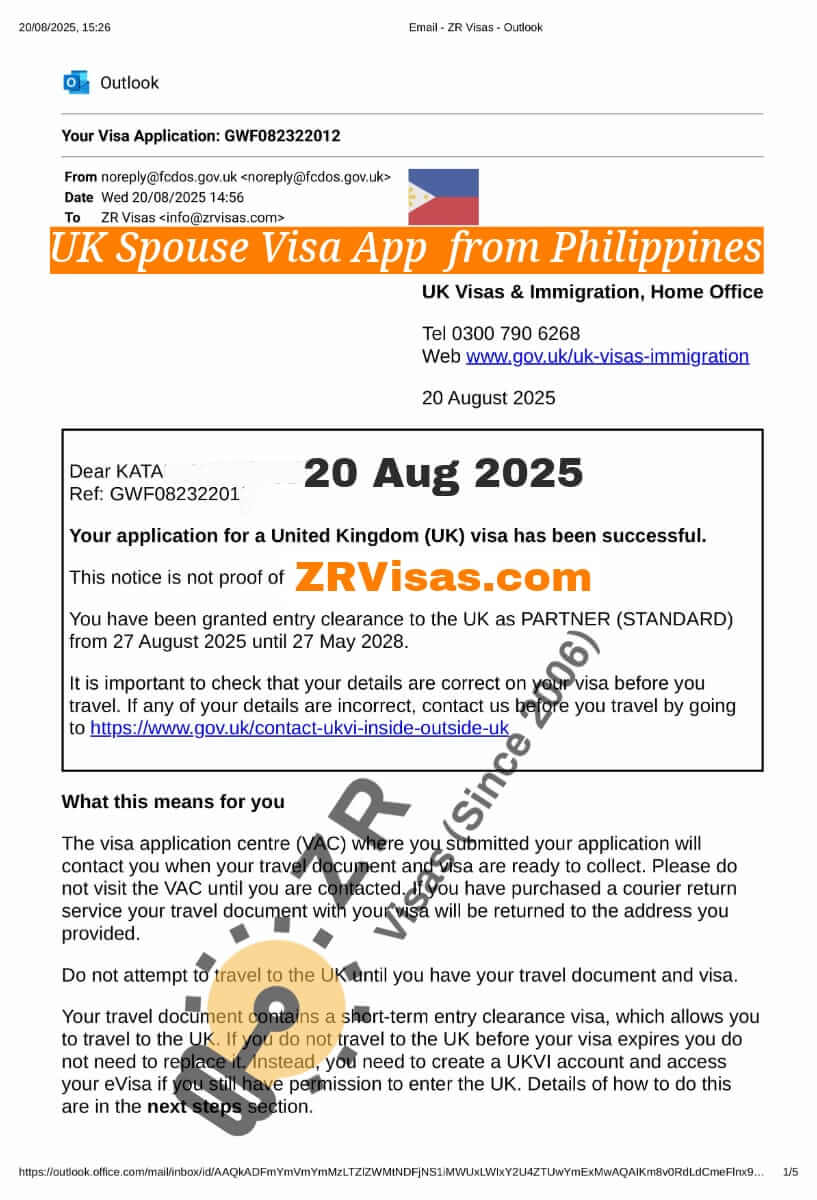 UK Spouse Visa Application from Philippines for wife 20 Aug 2025 ZR Visas UK