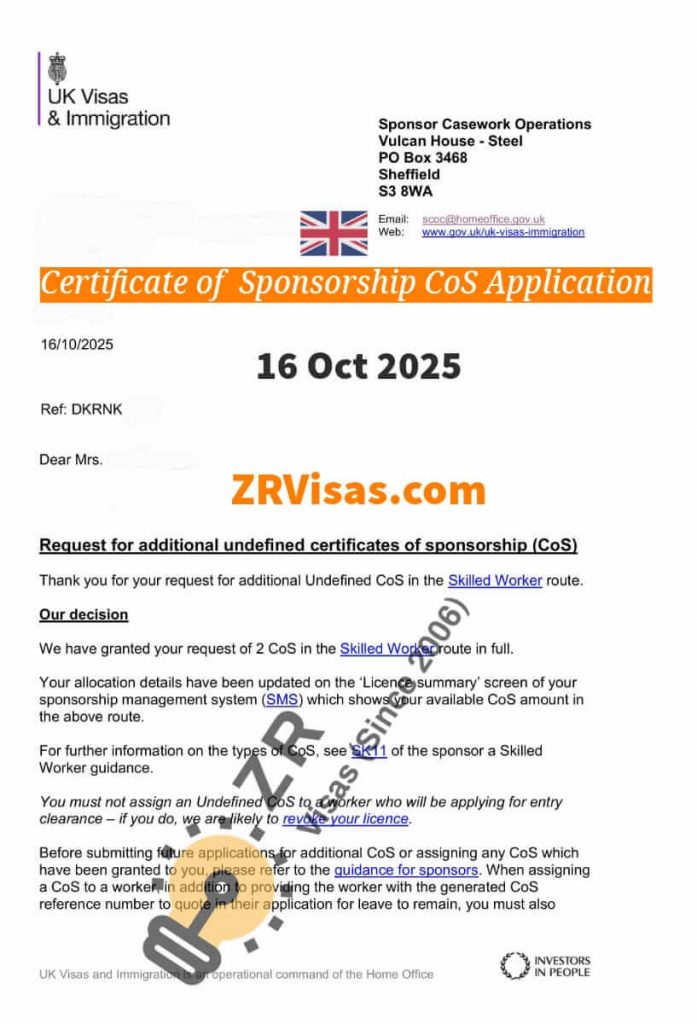 Certificate of Sponsorship Additional CoS Application Skilled Worker 16 Oct 2025 ZR Visas UK