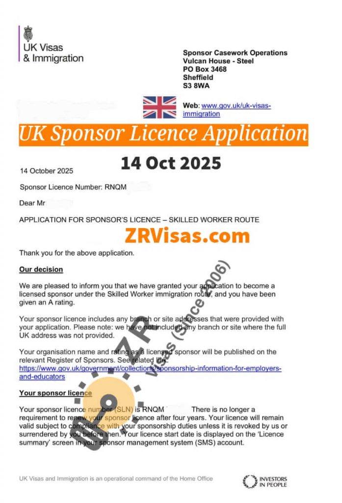 UK Sponsor Licence license application skilled worker CoS 14 Oct 2025 ZR Visas UK
