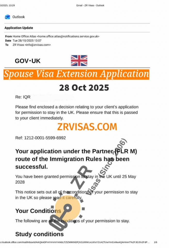 UK Spouse Visa Extension for wife FLR 28 Oct 2025 ZR Visas UK