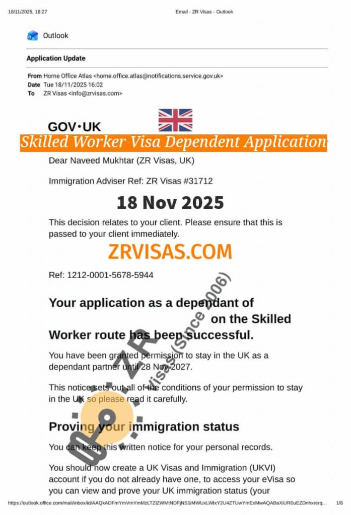 Dependent Marreid Partner Skilled Worker Visa Application 18 Nov 2025 ZR Visas UK