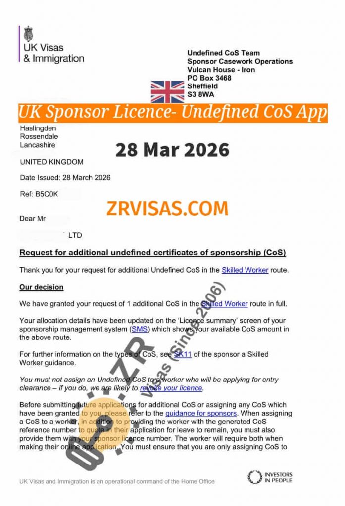 UK Sponsor License Application for Undefined CoS Skilled Worker ZR Visas UK 28 Mar 2026
