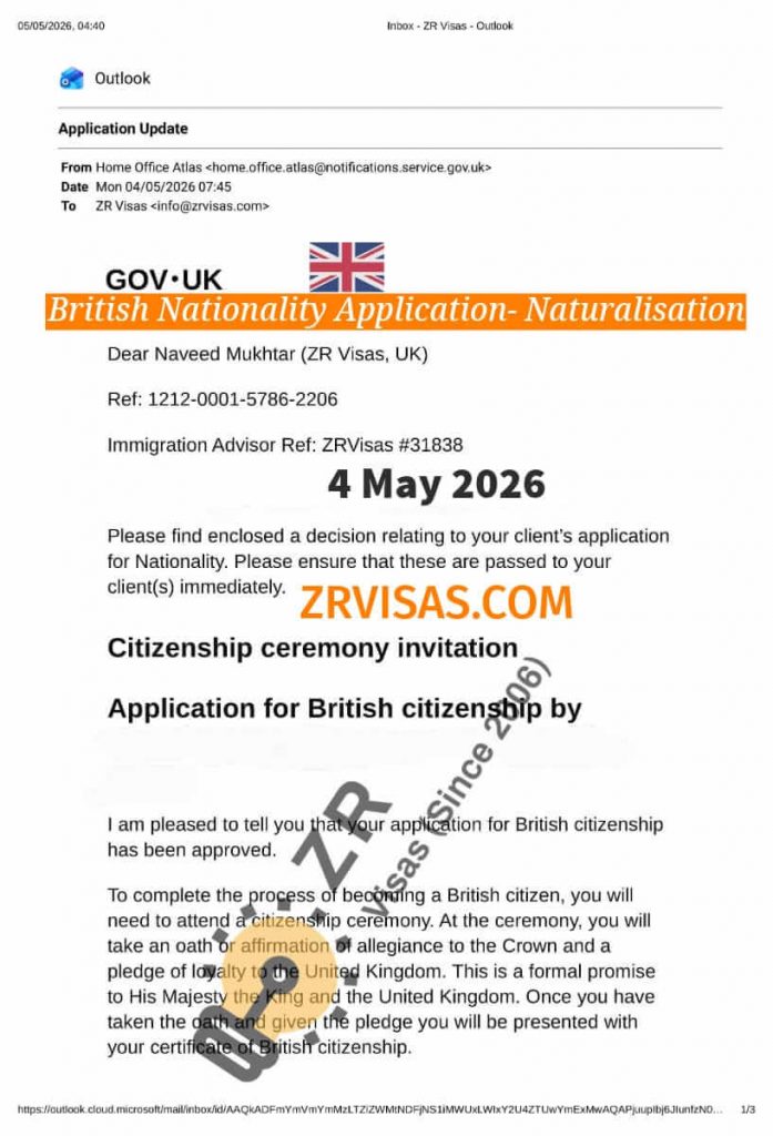 British Nationality Application to naturalise as British Citizen ZR Visas 4 May 2026