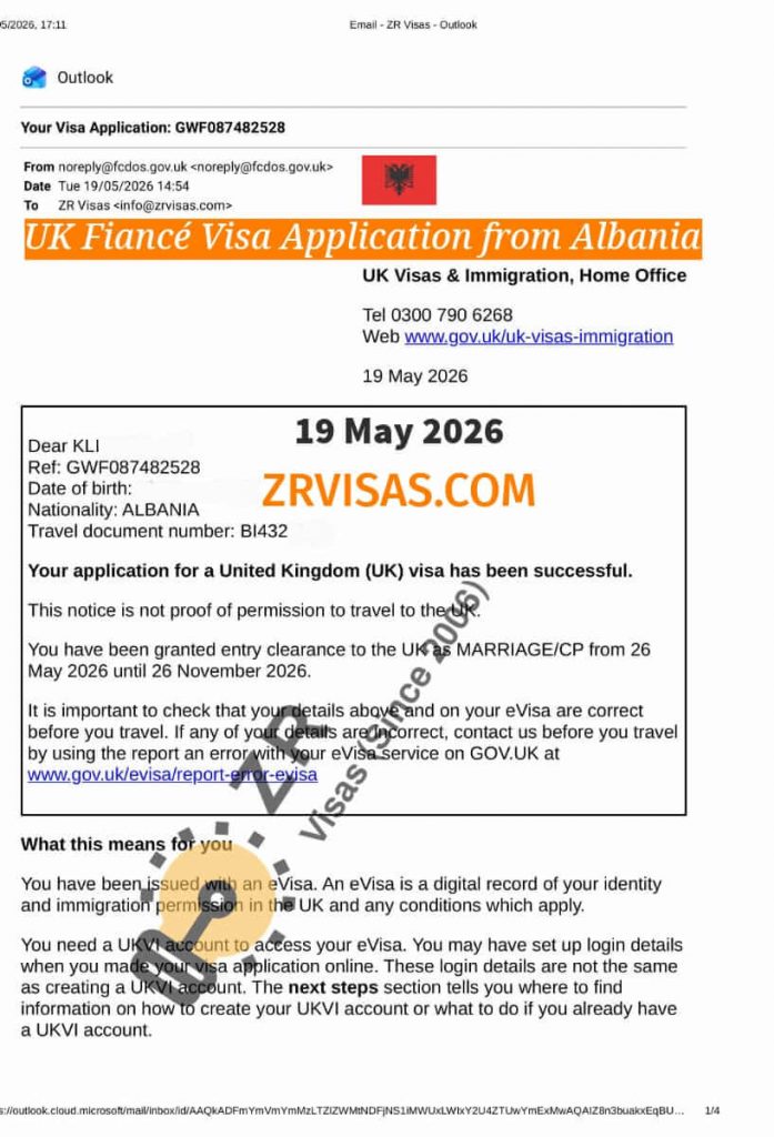 UK Fiance Visa Application from Albania to get married in UK ZR Visas UK 19 May 2026