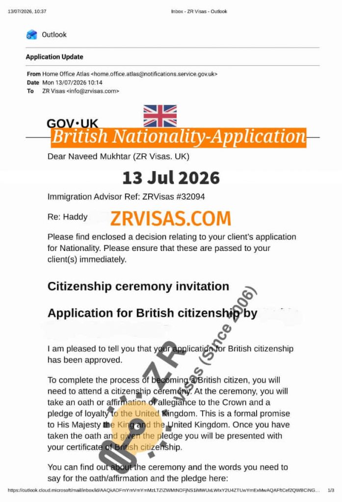 UK British Nationality Application for Naturalisation Family Route ZR Visas 13 Jul 2026