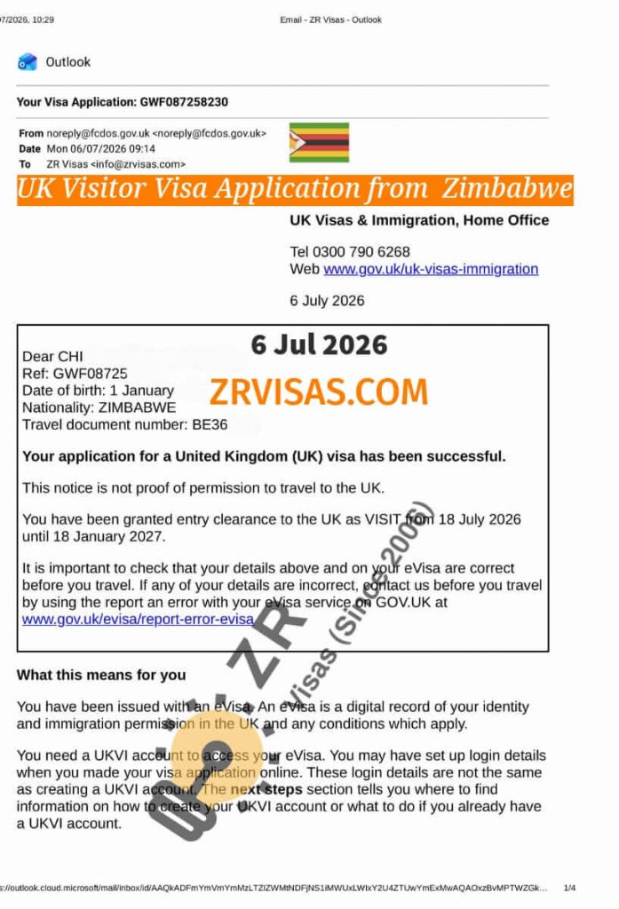 UK Family Visitor Visa Application from Zimbabwe 6 Jul 2026