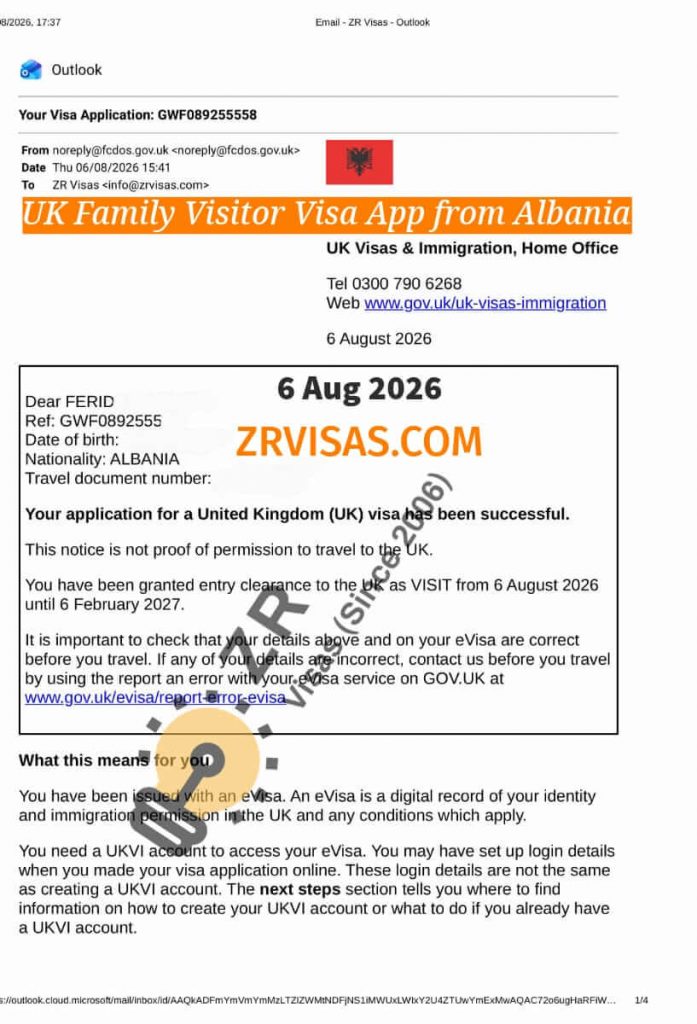 UK Family Visitor Visa application from Albania ZR Visas UK 6 Aug 2026