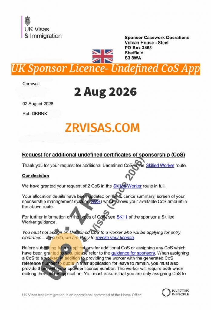 UK Sponsor License Undefined CoS Application ZR Visas 2 Aug 2026