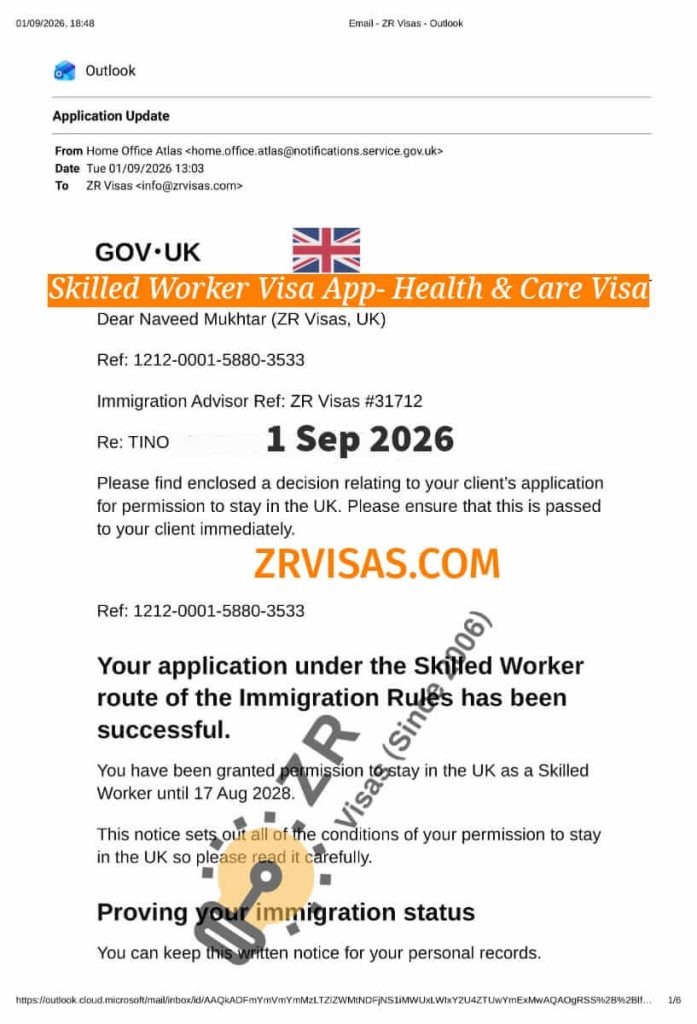 Health and Care Visa Skilled Worker main applicant ZR Visas UK 1 Sep 2026
