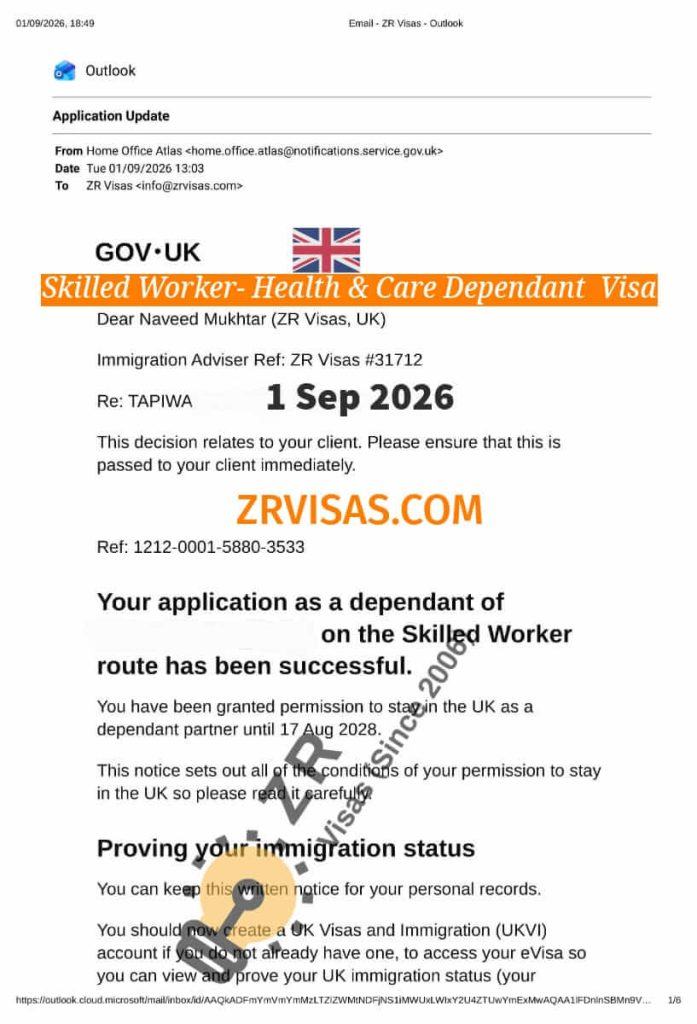 Skilled Worker Health and Care Visa for Dependant partner ZR Visas UK 1 Sep 2026